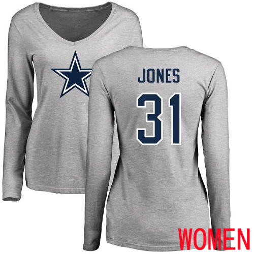 Women Dallas Cowboys Ash Byron Jones Name and Number Logo Slim Fit #31 Long Sleeve Nike NFL T Shirt